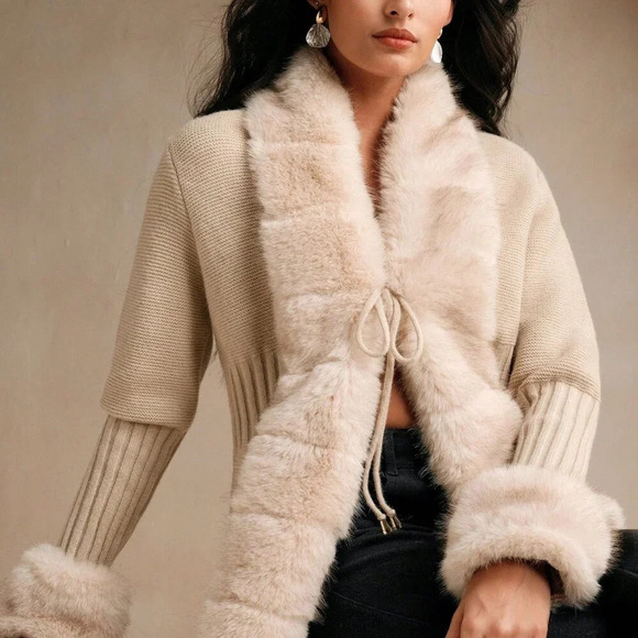 Khaki Casual Women's Elegant Faux Fur Knitted Cardigan Sweater - Picture 3 of 8